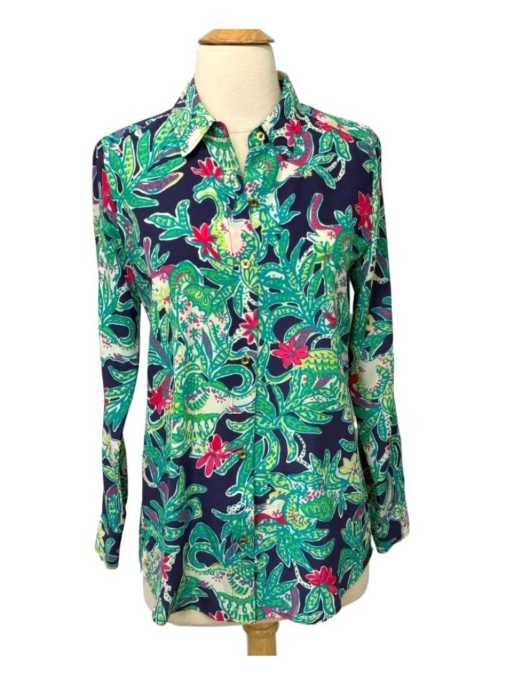 Lilly Pulitzer Women's Isla Silk Blouse in Trunk Show Tropical Button-Up Size XS